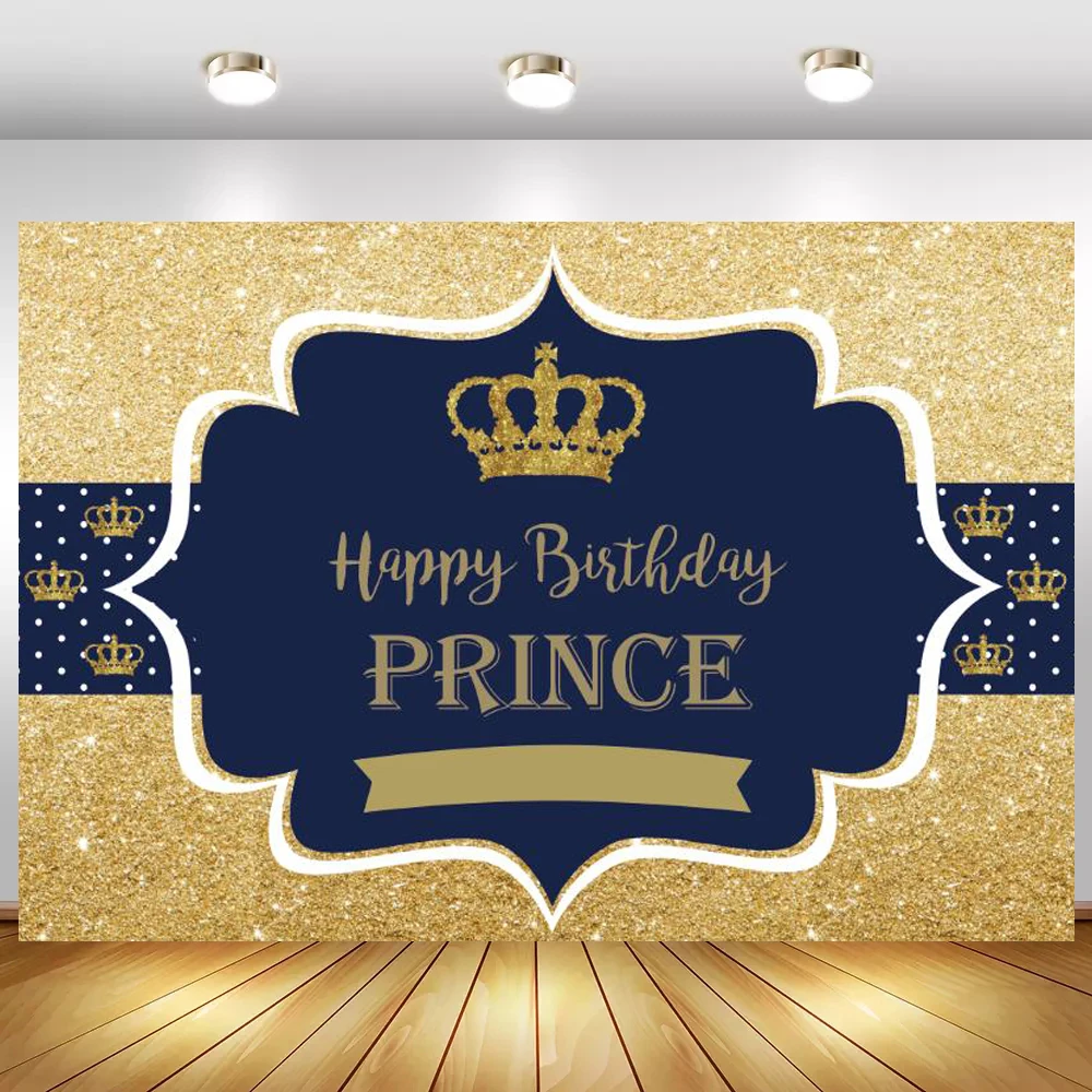 

Happy Birthday Little Prince Royal Crown Background For Newborn Baby Shower First Communion Party Backdrop Dinner Table Decor