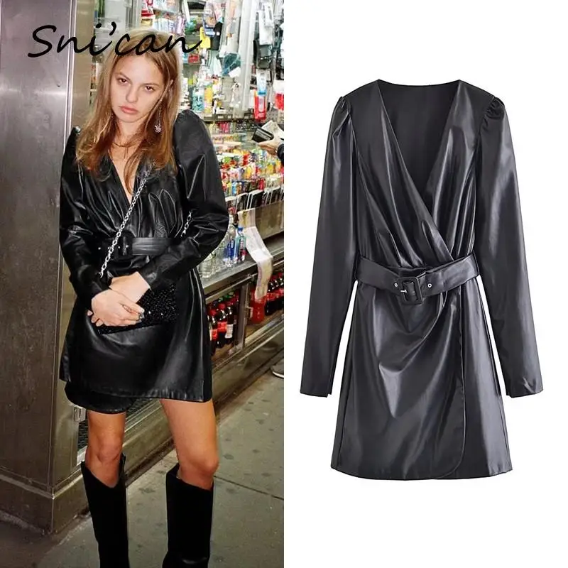 

Женское мини-платье из искусственной кожи Za, черное повседневное офисное платье с V-образным вырезом, длинным рукавом, поясом и поясом, 2021