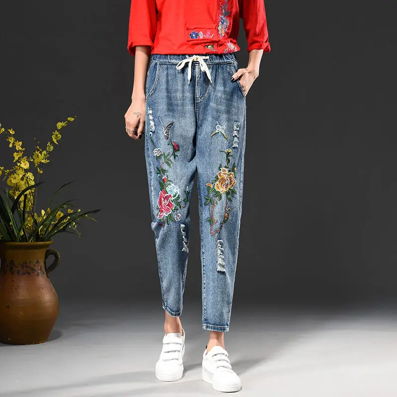 

Elastic WaistJeans Female Summer New 2021 Cropped Trousers Loose Plus Size Denim Embroidered High Waist Hole Straight Woman133