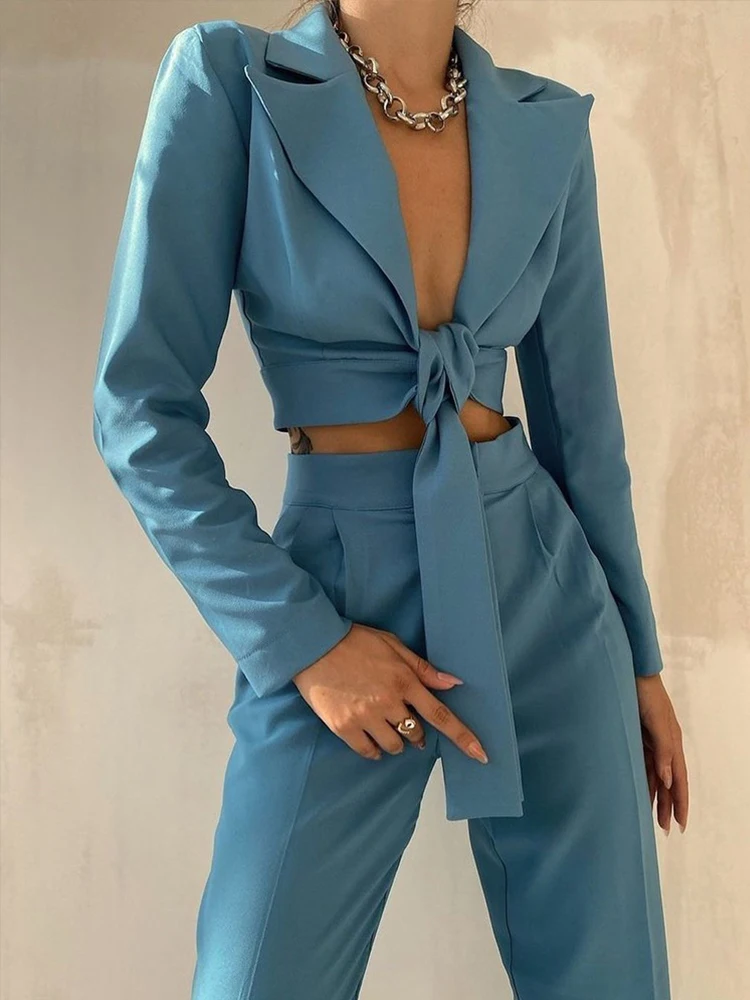 Женский уличный костюм с длинным рукавом укороченный Блейзер и брюки узлом