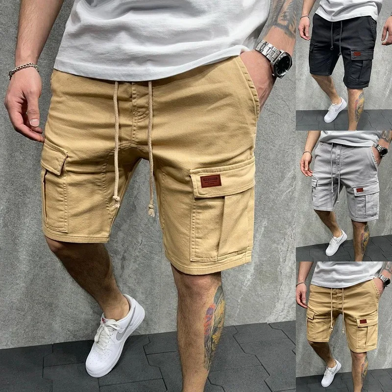 

Men's Summer Breeches and Shorts 2021 Woven Pocket Paste Leather Cargo Shorts Homme classic Brand Clothing Casual Shorts