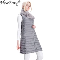 newbang womens long vest ultra light down vests women female down coat long slim sleeveless without collar jacket