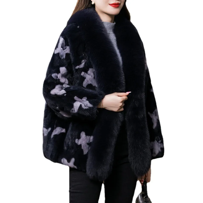 2021 Fashion Mink Fur Coats Fox Fur Collar Dark Blue Print Jackets Warm High Quality Luxury Ladies Outwear Winter Jackets
