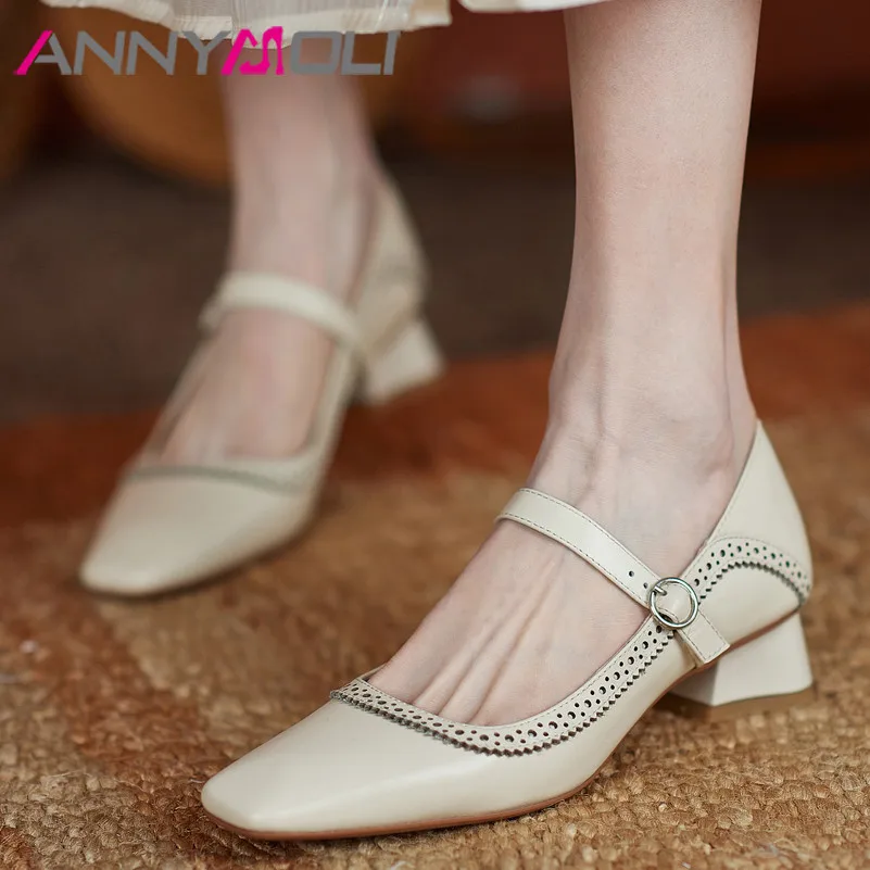 

ANNYMOLI Real Leather Mid Heel Mary Janes Shoes Women Pumps Ladies Square Toe Thick Heels Footwear Buckle Shallow Pumps Beige 40