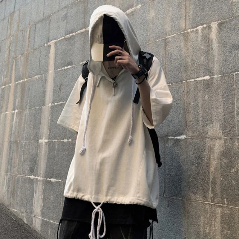 

HOUZHOU Gothic Clothes Techwear Goth T-shirts Man Hooded Shirt Black Summer Harajuku Hoodie Japanese Streetwear Punk Clothes