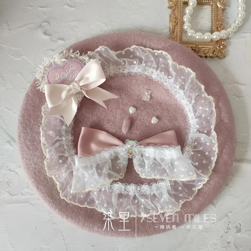 

Janpanese Lolita Maiden Handmade Bow Beret Bear Wave Point Lace Headgear Accessories Sweet Cute Painter Cap Autumn Winter Hat
