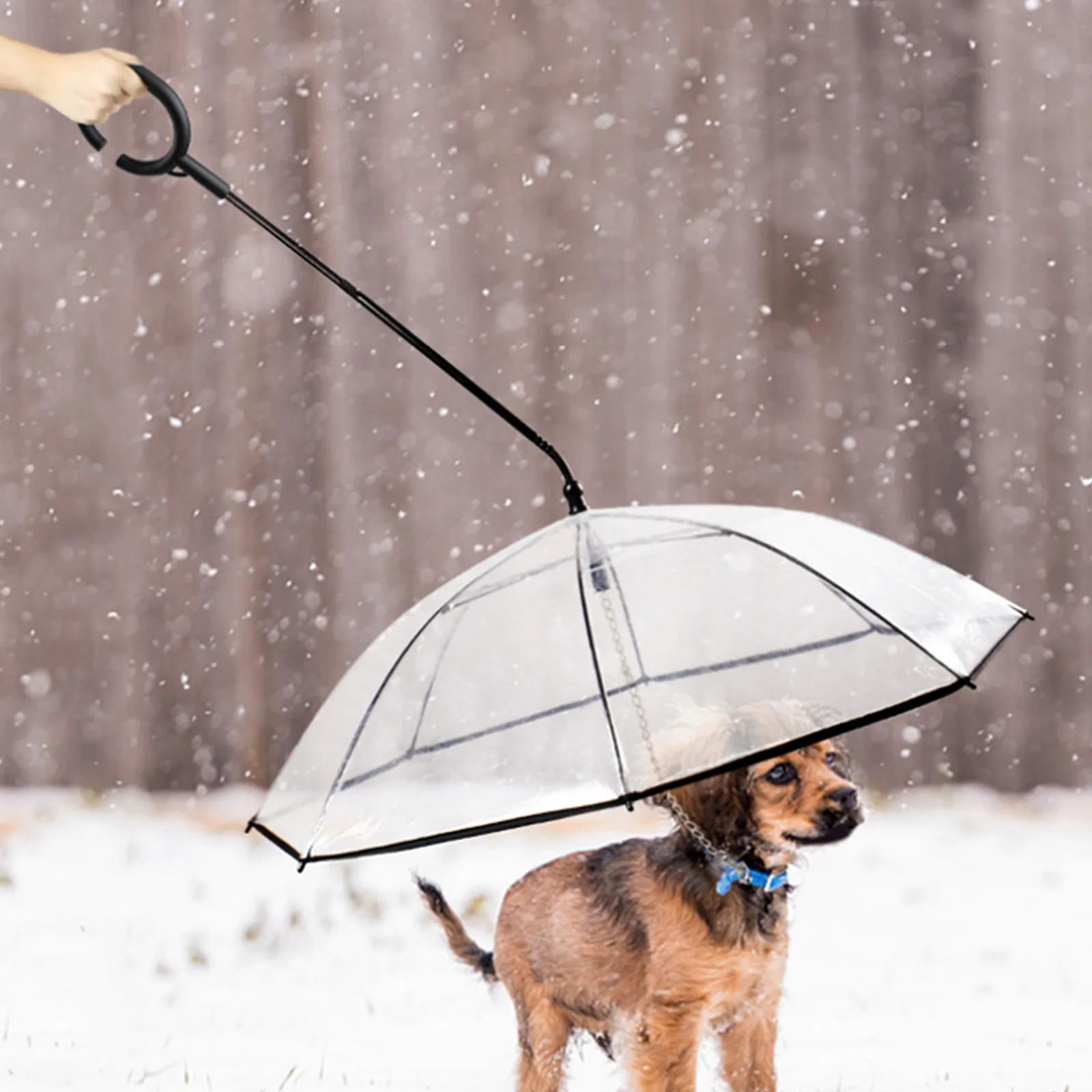 

C-shaped Telescopic Handle Transparent Adjustable Convenient Keeps Pet Dry in Rain Pet Umbrella with Dog Leash for Rain Walking