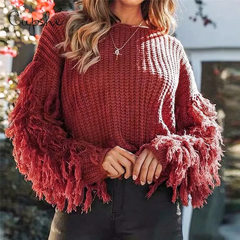 Фото Женский свитер с бахромой CUPSHE красный Свободный вязаный джемпер длинным рукавом