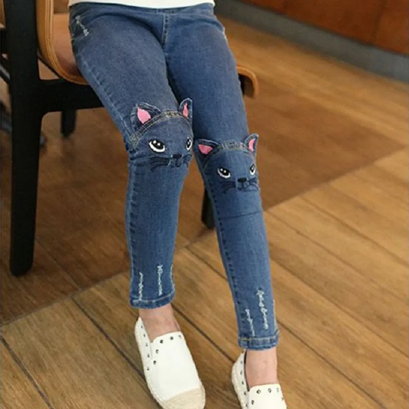 

Children Girl Cartoon Cat Embroidery Korean Childrens Mid-waist Denim Trousers Girls Spring Autumn Clothes Pants Capris