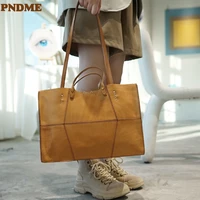 pndme designer luxury genuine leather stitching women large capacity tote bag fashion natural real cowhide handbag shopping bag