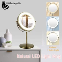 2 sided vanity makeup led mirror 3colors light touch control tabletop cosmetic mirror usb rechargeable 3x5x bronze color