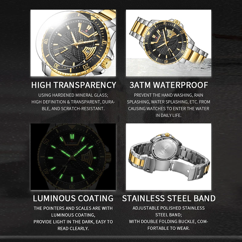 NAVIFORCE Men Luxury Watches Business Casual Gold WristWatch For Men Military Stainless Steel Waterproof Quartz Clock Watch Male