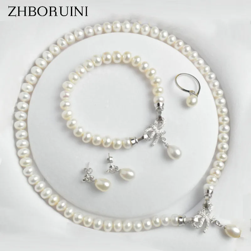 ZHBORUINI Pearl Jewelry Sets Natural Freshwater Jewelry Bow 925 Sterling Silver Pearl Necklace Earrings Bracelet For Women Gift