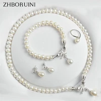 zhboruini pearl jewelry sets natural freshwater jewelry bow 925 sterling silver pearl necklace earrings bracelet for women gift