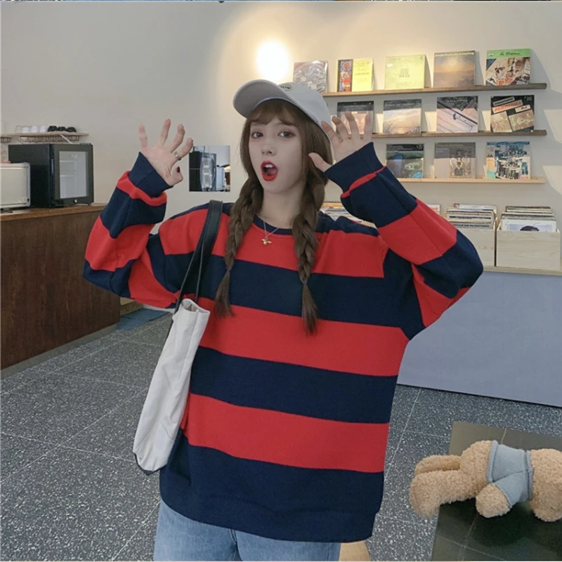 

2021 NEW Women O-neck Long Sleeve T shirts Lady Black White stripe Cotton Tops Female Soft Casual Tees