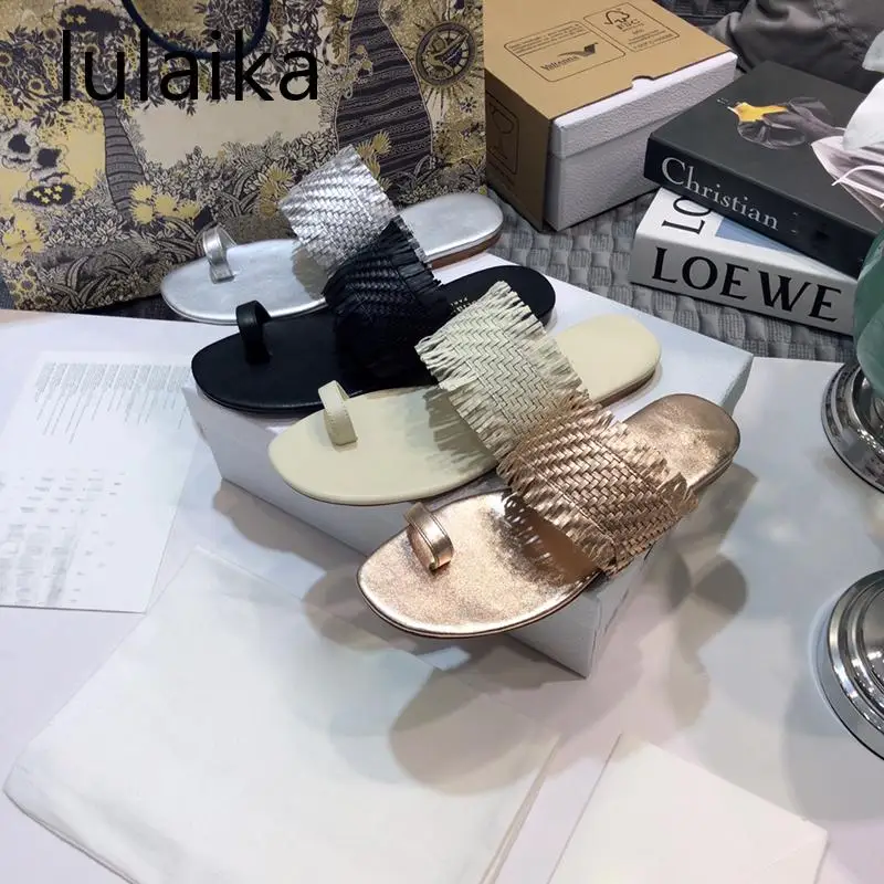 

2021 New Summer Beach Woman Slipper Hand Woven Genuine Leather Flipflops Slip Shoes Fashion Luxury Casual Outdoor Design