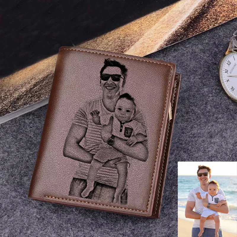 

No LOGO Custom Men's Engraved Photo Wallet Short PU Leather Wallet Customized Picture Engraving Text Wallet Father's Day Gift