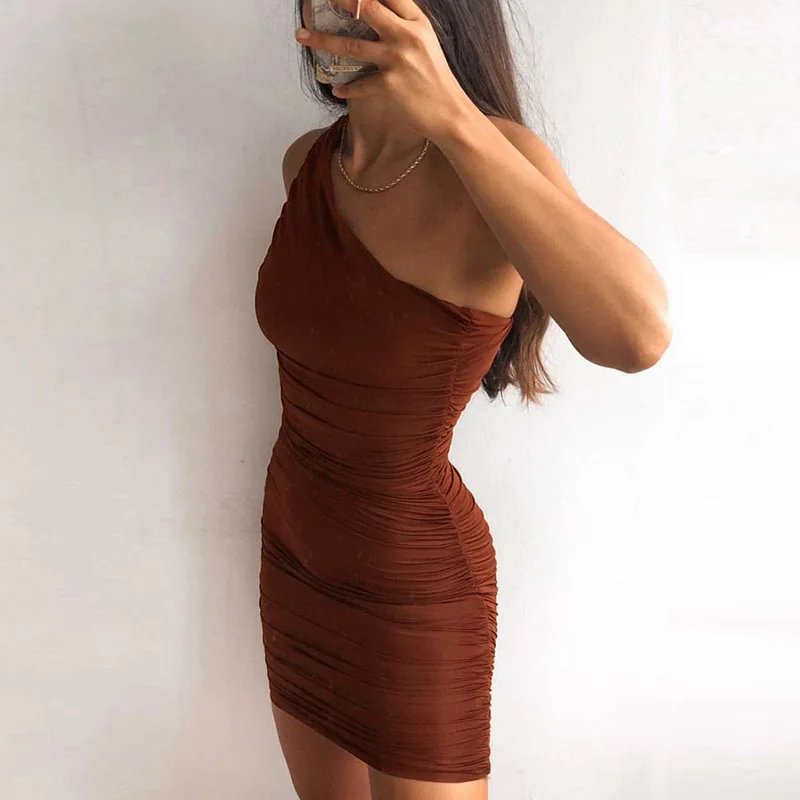

Cryptographic One Shoulder Sexy Backless Ruched Party Dress Women Fashion Summer Sleeveless Mini Dresses Bodycon Clothes Vestido