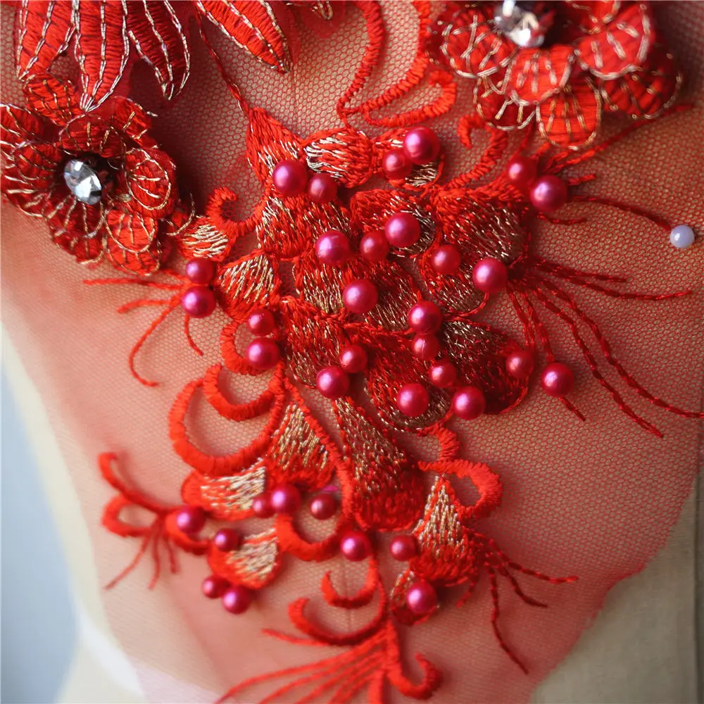Кружевные тканевые бусины с красными цветами вышитая аппликация для платья
