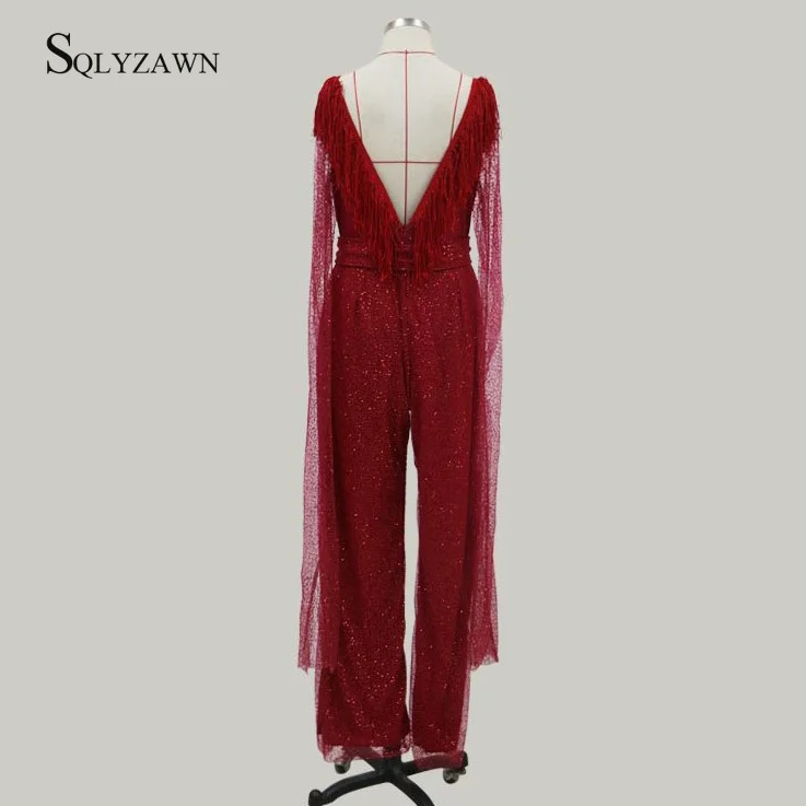 Sexy Deep V Neck Tassels Mesh Wide Leg Palazzo Pants Jumpsuit Ladies Vintage Backless Glitter Dots Wine Red Romper Party Overall |