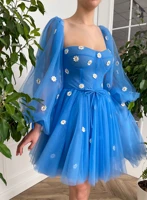 bridalaffair elegant blue tulle short prom dresses 2021 puff long sleeves sweetheart 3d flowers knee length cocktail party gowns
