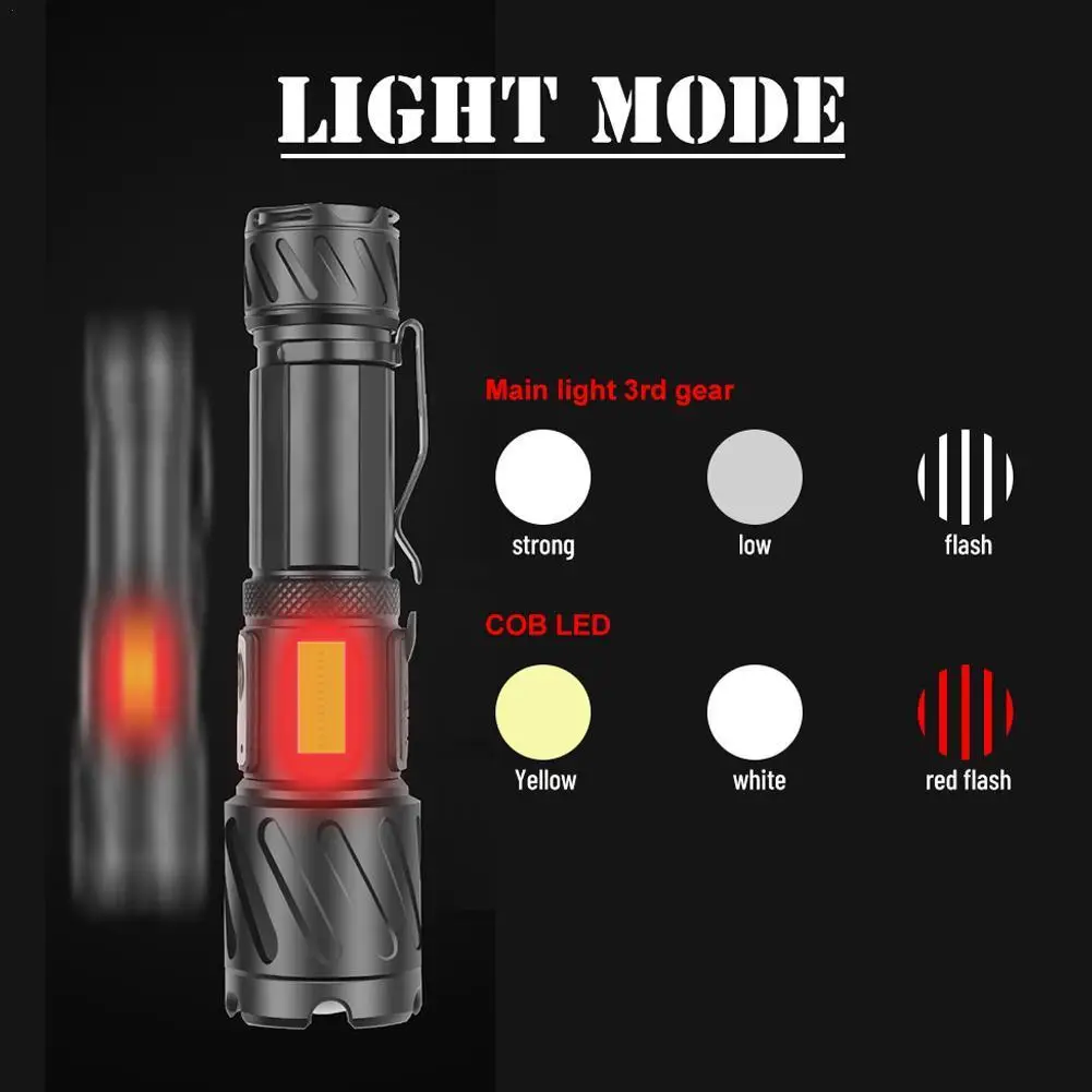 

3690-P99 OUTDOOR Camping Flashlight XHP99+COB Red And White Light Zoom Rechargeable Type-c Strong Light Flashlight, Warm Light
