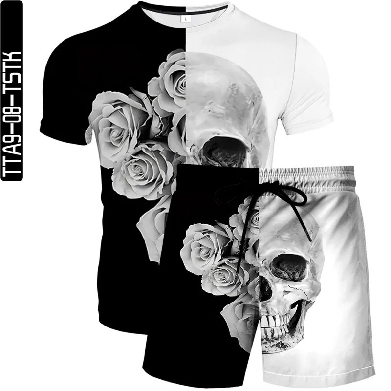 

2021 latest 3D printed two-piece skull summer short-sleeved sports T-shirt + beach shorts breathable streetwear