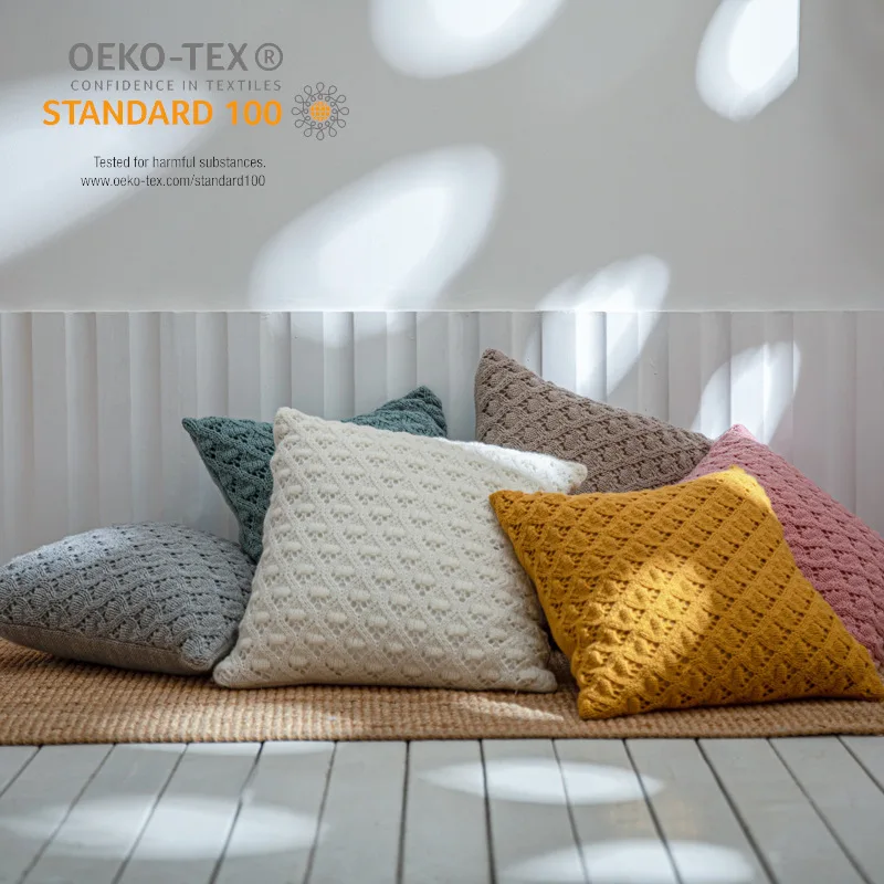 

Nordic Rhombic Grid Throw Cushion Cover 45x45cm Diamond Hollow Out Solid Knitted Pillow Cover For Sofa Geometry Cushion Case