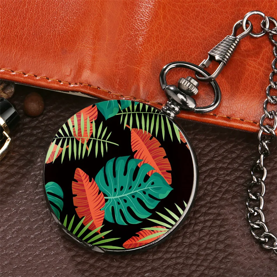 

Тропические растения тема дизайн кварцевые антикварные карманные часы Полный Охотник кулон часы с 30 см Fob Soporte personalizado