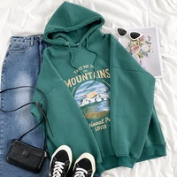 mountain letter printed green hoodies loose thick fleece warm all match hooded sweatshirt autumn tops