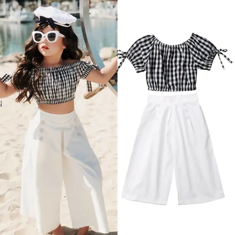 2019 Fashion Girls Clothing Set Baby Kids Clothes Suit Children Short Sleeve Plaid T-Shirt Crop Top + Pants 2pcs Outfits 1-6T | Детская