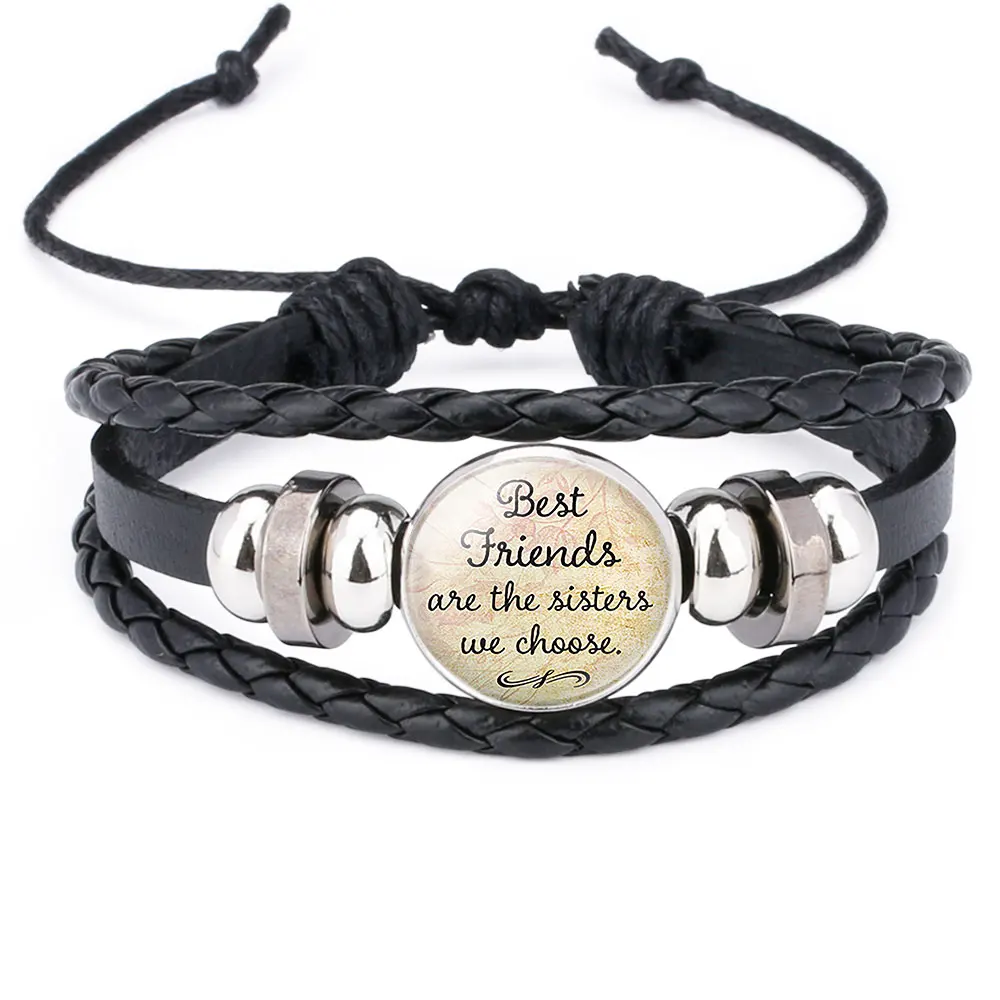 

10PC Best Friends Are The Sisters We Choose Glass Cabochon Charm Black Leather Bracelet&Bangle Jewelry For Women Girl Gifts