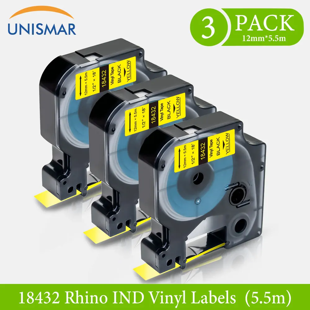 Виниловая этикетка Unismar 3PK совместимая с DYMO Rhino IND 18432 черная на желтом для 1000 3000 4200