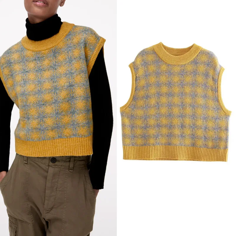 

Женский Осенний жилет без рукавов KUMSVAG, повседневный вязаный клетчатый жилет с круглым вырезом, 2021