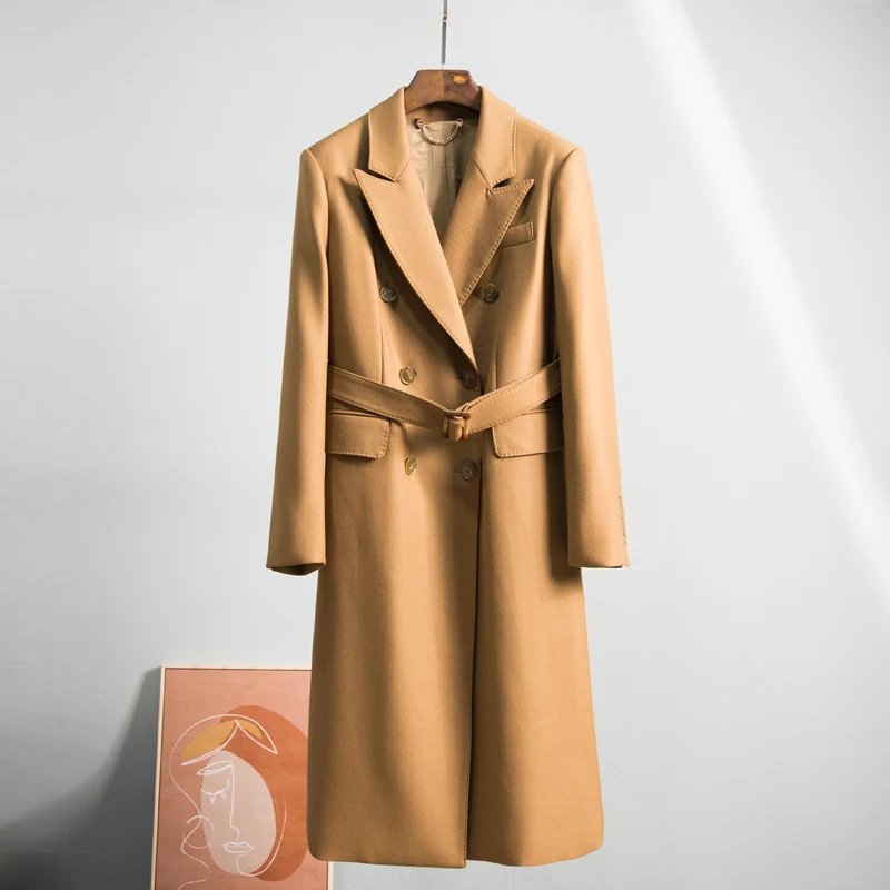 

100% Worsted Wool Australian Wool Autumn New King-Size Coat Temperament Figure Flattering Belt Fashion Overcoat Coat