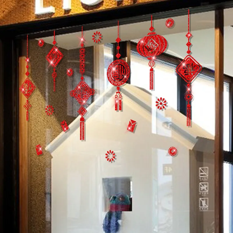 

Happy New Year Stickers Red Lantern Festival Holiday Window Glass Shopping Mall Decoration Wall Stickers