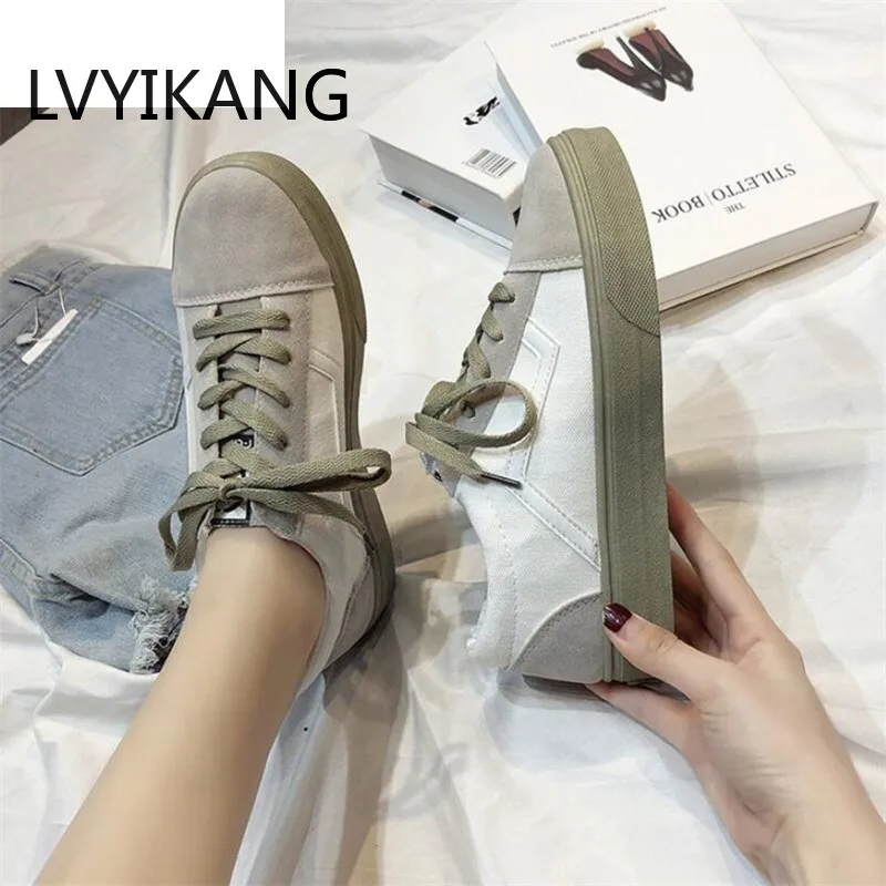 LVYIKANG/ г. Весенние женские вулканизированные туфли модные светлые холщовые туфли на плоской подошве женские повседневные низкие модные кроссовки на шнуровке 36-40