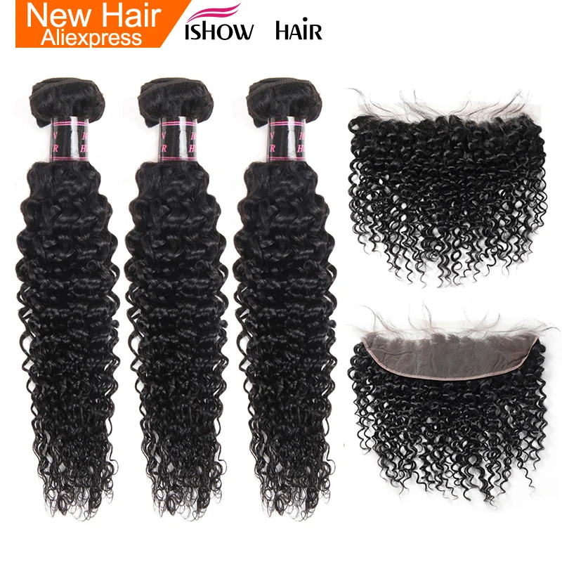 Вьющиеся пряди Ishow с закрытием индийские волосы 3 фронтальной человеческих волос