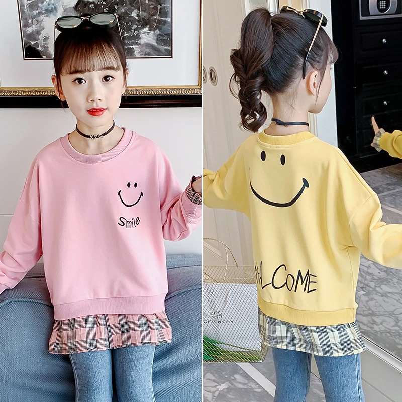 

Kids Plaid Tees For Girls Clothes Spring Autumn Fake Two Pieces Hoodies For Children Tops Students Clothing Cotton T-shirts 2-12