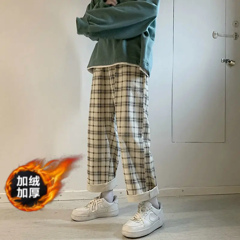

Женские брюки в клетку, осенне-зимние тренировочные брюки, теплые прямые брюки с широкими штанинами, Женские флисовые повседневные брюки с эластичным поясом