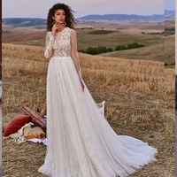 2021 princess long sleeves beach bridal dress scoop backless wedding dresses boho princess lace bride gown plus size custom made