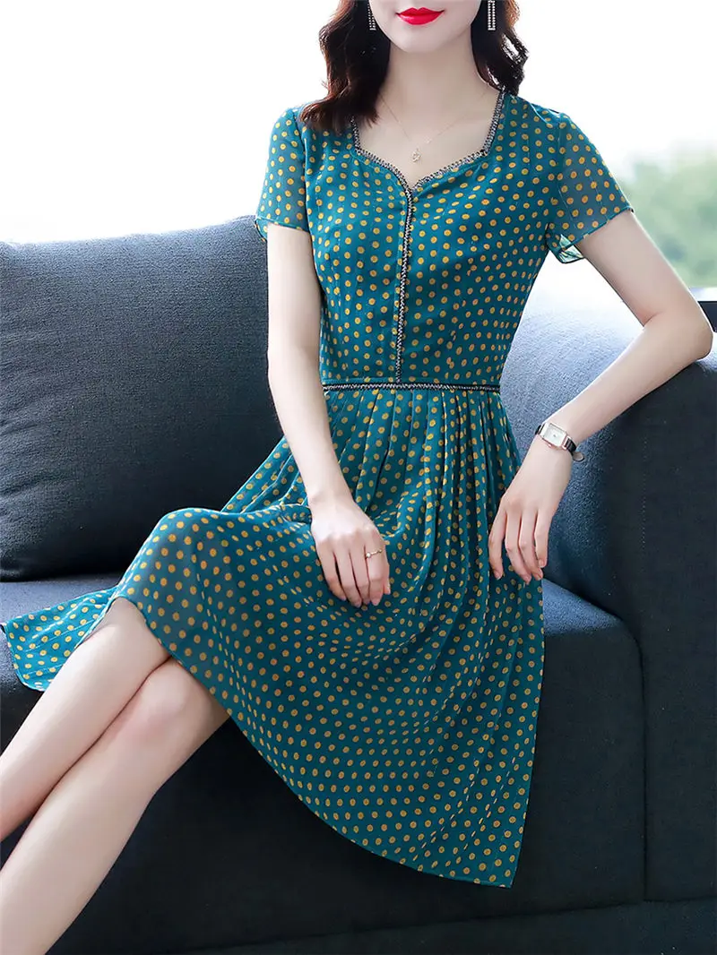 

Женское шифоновое платье в горошек, элегантное зеленое платье-трапеция с коротким рукавом, модель aq1272 на лето, 2022