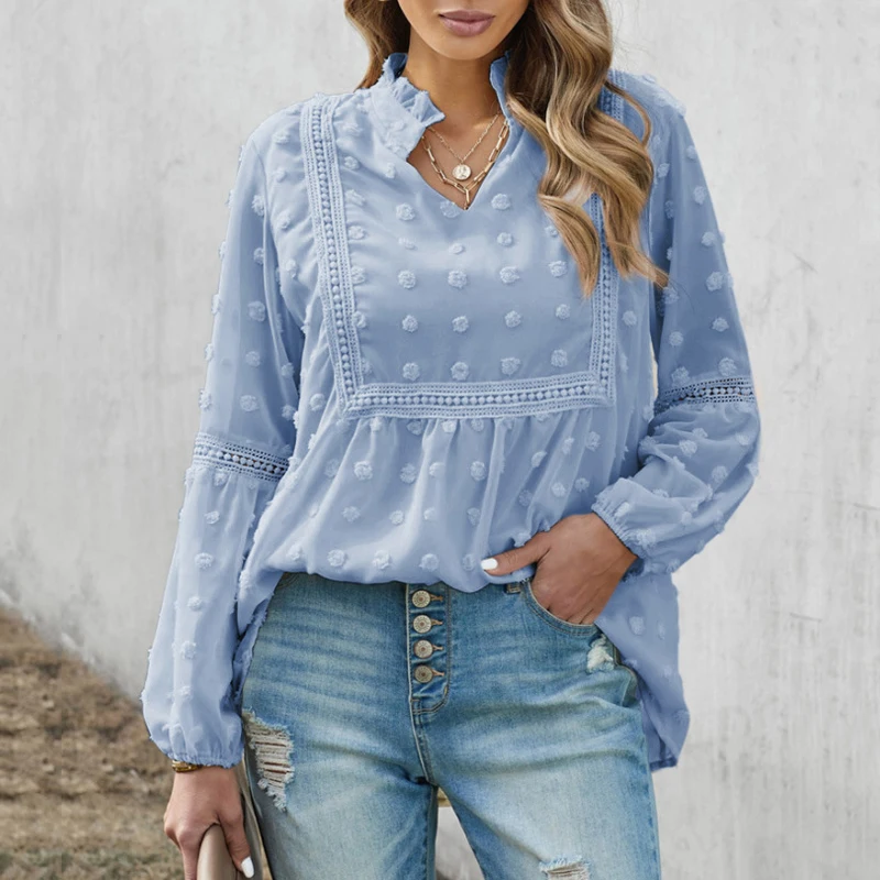 

Blue Jacquard Chiffon Blouse Women Fashion Lace Hollow Out Long Sleeve Loose Shirts Autumn Casual Ladies Blouses Tops