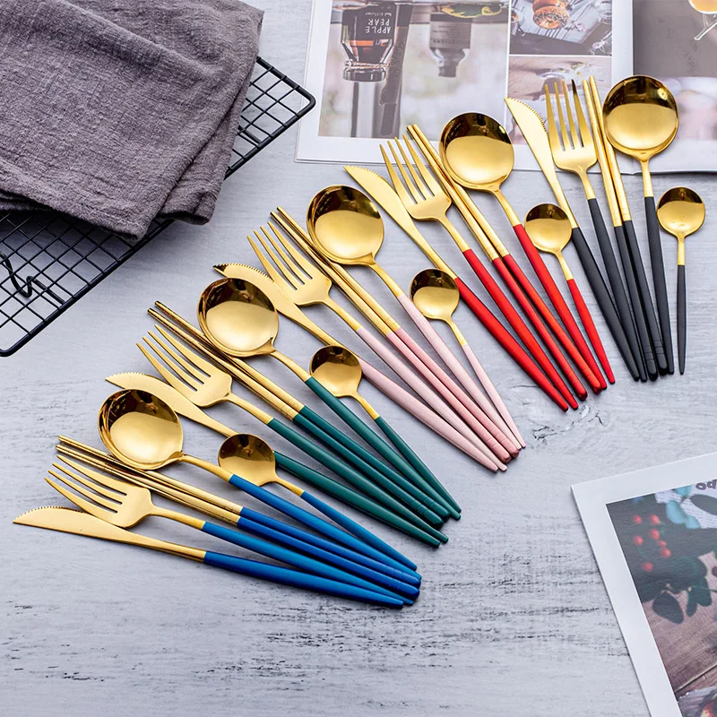 5Pcs Tableware Set Cutlery Stainless Steel Dinner Dessert Chopsticks Knife Fork Spoon Dinnerware Flatware ложки вилки набор | Дом