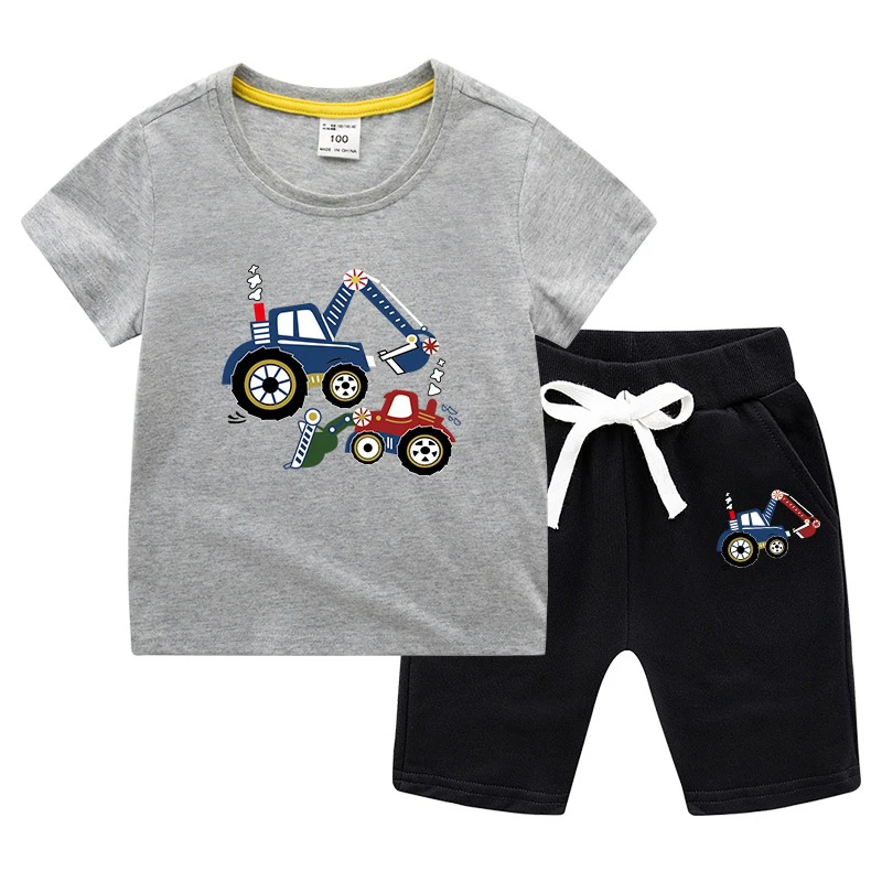 

ZWF824 Kids Boys Sets Summer Cartoon Print Cotton Short Sleeve O-Neck Cute T-Shirt Tops with Shorts Baby Girls Clothing Set