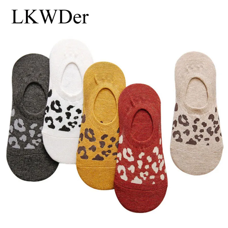 

LKWDer 5 Pairs Women's Socks Spring Summer Shallow Mouth Invisible Boat Socks Korean Version Of Leopard Silicone Non-slip Socks