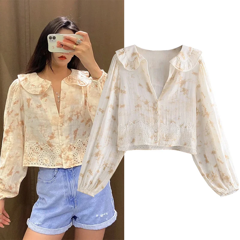 

WESAY JESI 2021 Spring New Women's Top Tie-dye Solid Color V-neck Long-sleeved Shirt Casual Fashion Retro Temperament Short Top