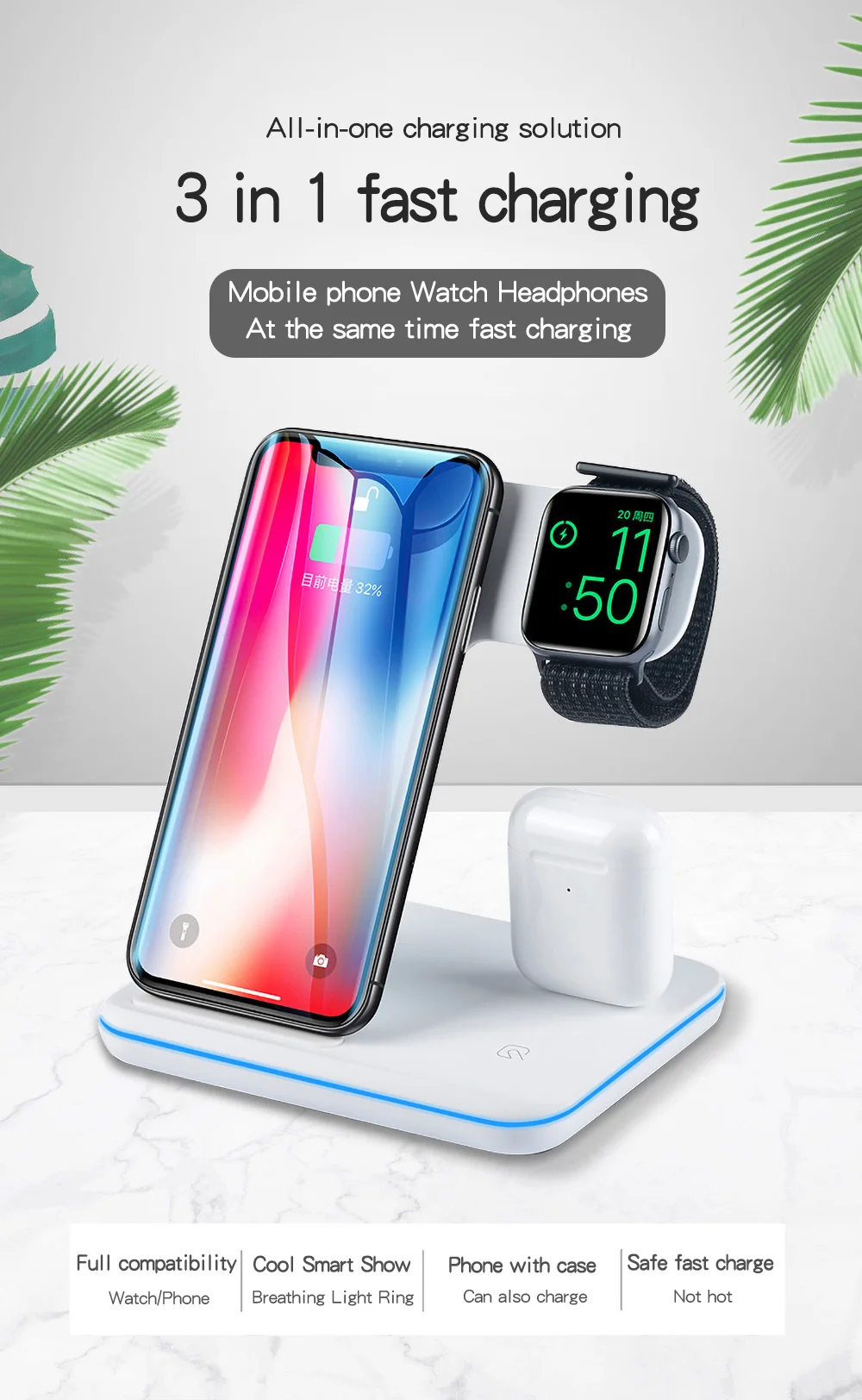 3 в 1 15 Вт Qi Беспроводное зарядное устройство для Apple Airpods Watch 4 3 2 Быстрая зарядка подставка для iphone X 11 Pro Max samsung