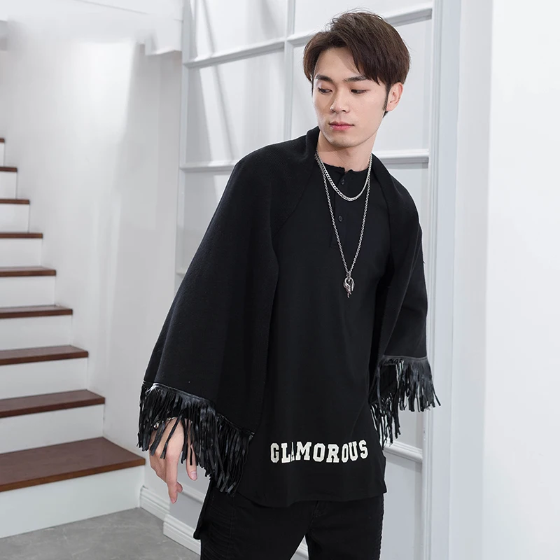 Cape Men Fall and Winter Cape Style Korean version of handsome Cardigan sweater with fringe personality Black Cape Cape Fashion
