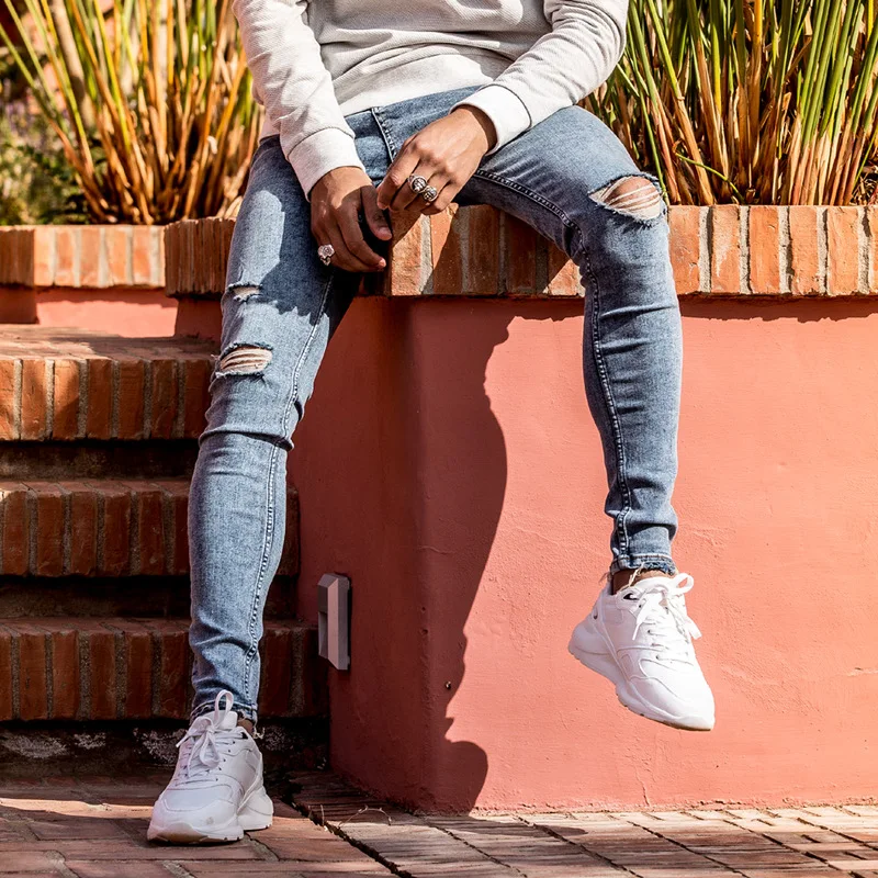 

Mens Skinny Jeans Ripped Snowflake Stretch Jean Pencil Pants Hop Hip Man Knee Hole Streetwear Denim Trousers Chain Men Clothing